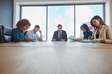 Fototapeta premium Meeting, ceo and planning with business people in office for campaign launch, discussion and review. Branding manager, marketing team and collaboration with employee in boardroom for mockup space