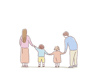 手を繋いだ四人家族の後ろ姿