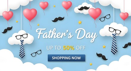 Happy fathers day sale with clouds moustaches and ties