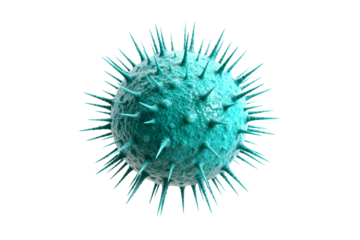 A close-up view of a spiky green virus particle structure
