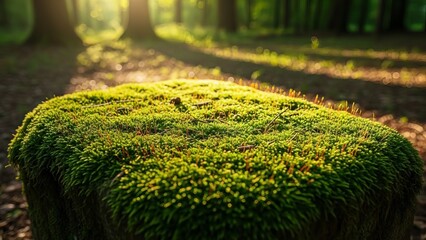 Lush green moss on forest floor bathed in soft sunlight