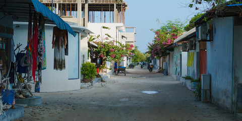 Maldivian Street in small local island. Rasdhoo, Maldives. 