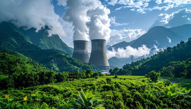 Large industrial towers rising amidst mountains and billowing clouds