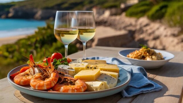A seaside dining setting featuring shrimp, assorted cheeses, and two glasses of white wine, creating a relaxing gourmet experience by the coast.