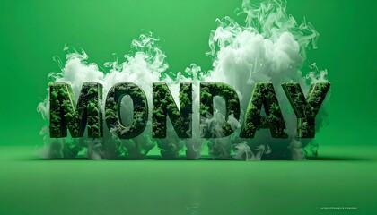 MONDAY" is spelled out with green foliage texture, surrounded by wisps of white smoke, all on a green background