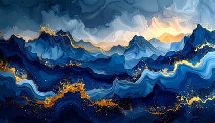Swirling blues & gold paint form mountainous landscapes under cloudy skies, hinting at sunrise in the distance
