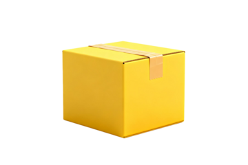 A bright yellow square box with adhesive tape on top