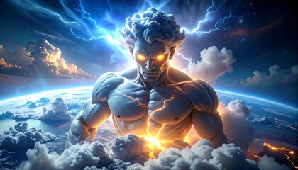 Muscular figure with glowing eyes, amidst clouds and lightning, towering over a world visible below