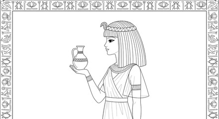 Elegant Ancient Egyptian Woman Holding a Sacred Vessel, Detailed Historical Outline Illustration