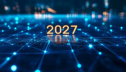 Futuristic digital landscape in 2027 showcasing advanced technology and global connectivity themes.