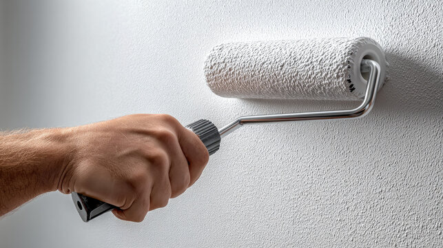 Hand holding paint roller applying white primer to smooth drywall surface, home renovation, clean wall texture, preparation process