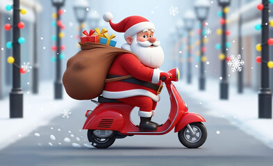 Santa Claus on Scooter 3D Illustration