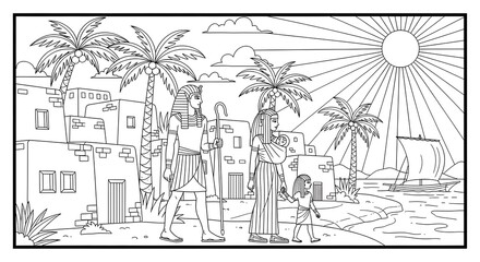 Historical Ancient Egypt: Figures walk by the river in a sunny landscape line art for coloring.