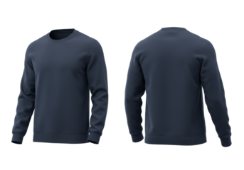 two blank navy blue heavy cotton fleece pullover sweatshirts, flat front and back views, isolated on a transparent background with ample negative space. concept for merchandise design mockup