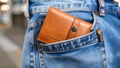 Tan leather wallet in a back jean pocket