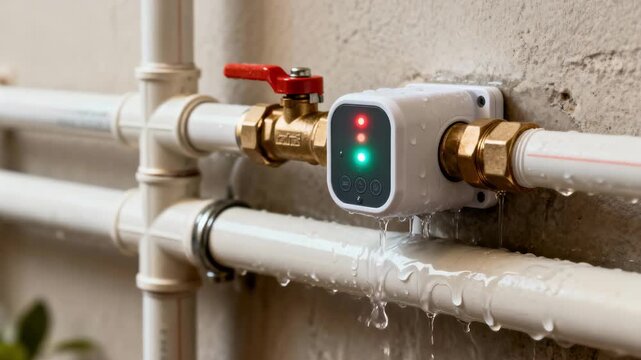 Medium shot of IoT water leak sensors installed on residential plumbing pipes actively monitoring and detecting early signs of leakage for efficient home maintenance.