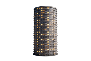 Tall modern building with illuminated windows in an urban setting