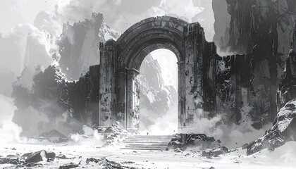 Stone archway, shrouded in mist, stands amidst snowy peaks and ethereal clouds in a high-contrast grayscale landscape