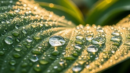 Close up of green leaf surface covered in water droplets and sunlight water drops