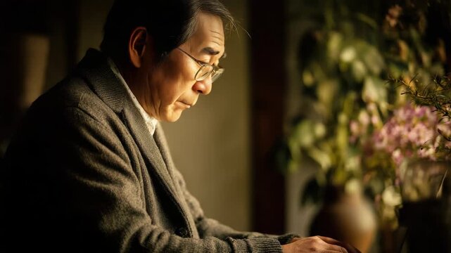 senior asian man working on laptop indoors with soft natural light