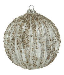 White glass Christmas bauble with gold glitter stripes