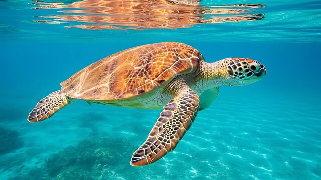 Green sea turtle swimming in clear turquoise ocean water underwater