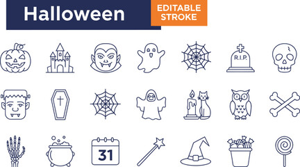 Editable Stroke Halloween Icon Set Featuring Ghosts, Pumpkins, Skulls, Magic, Monsters, and Spooky Symbols for Seasonal Design Projects