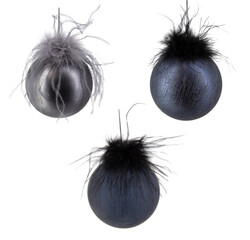 Set of dark blue feathered glass Christmas baubles isolated