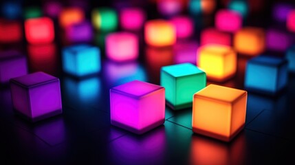 Fototapeta premium Colorful glowing cubes, randomly placed, close-up view