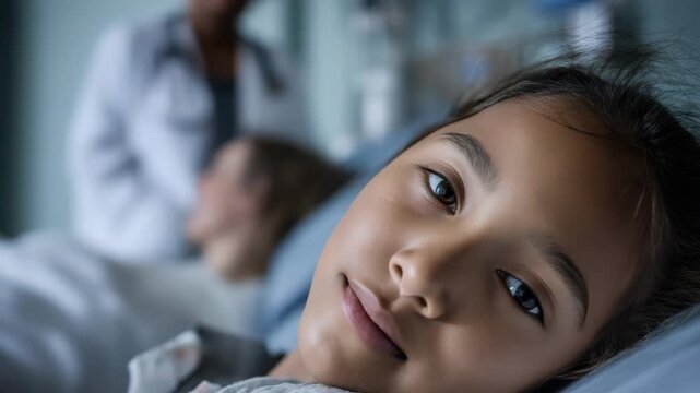 Young patient resting in hospital bed with doctor in the background
