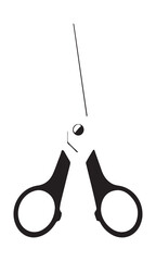 Close up of open scissors with black handles against a white background