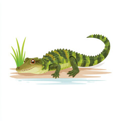Obraz premium Cartoon crocodile with playful expression is depicted near riverbank, surrounded by grass, showcasing flat design style