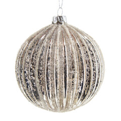 White and gold striped glass Christmas bauble with glitter lines