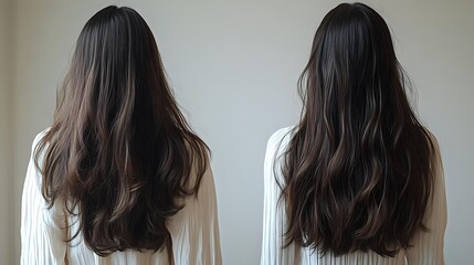 Fototapeta premium Two women with long dark brown wavy hair viewed from behind wearing light colored sweaters against neutral background for hair care concepts.