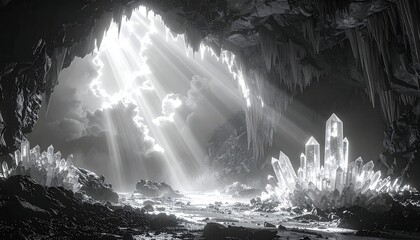 Cave interior with glistening crystals and ethereal sunbeams filtering through the opening