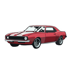 Naklejka premium Vibrant red classic American vehicle illustration, featuring bold racing stripes and sleek design, capturing the essence of vintage automotive power and retro performance