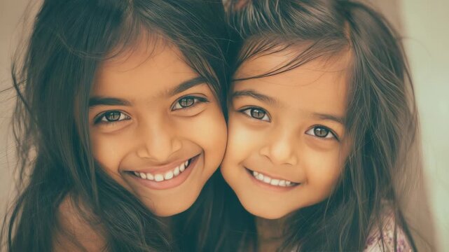 Two smiling girls with long dark hair looking directly at the camera
