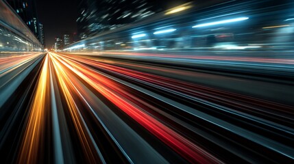 Dynamic cityscape at night showcasing vibrant light trails from vehicles, illustrating the energy and movement of urban life in an evocative and artistic manner.