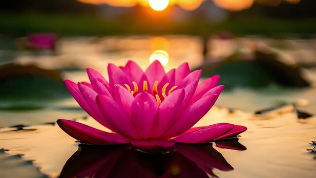 Beautiful Pink Lotus Flower Blooming in Tranquil Water at Sunset.