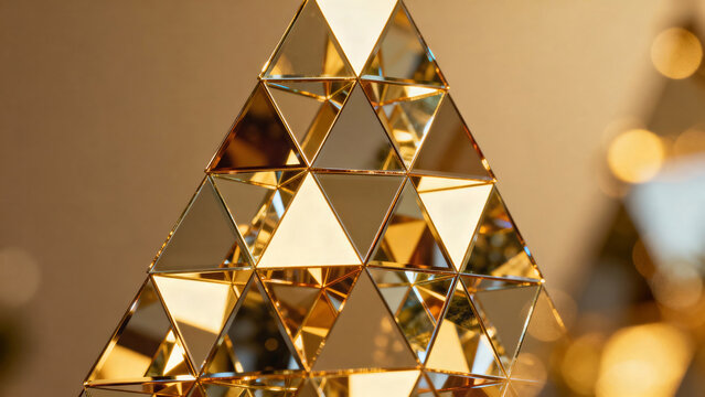 Abstract close-up of a gold geometric tree built from mirrored triangular facets, sharp reflections in foreground, warm bokeh background and soft light, concept of contemporary holiday luxury design