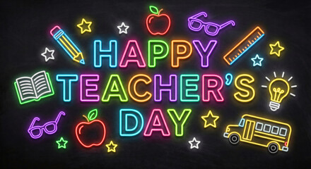 Neon illustration celebrating happy teacher s day with school supplies and symbols