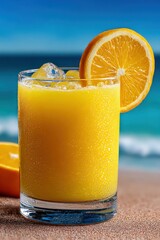 A chilled glass of orange juice with ice and an orange slice sits on a sandy beach, evoking a fresh, summery mood perfect for vacation or tropical-themed design.