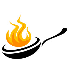 Cooking Logo Design with Frying Pan and Flame Illustration