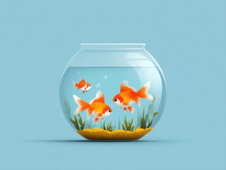 Three happy goldfish swim in clear bowl with aquatic plants and pebbles, set against light blue background. scene is calm and vibrant, showcasing peaceful aquatic life