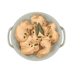 Hand-Drawn Bowl of Fried Dumplings Illustration (Top View)