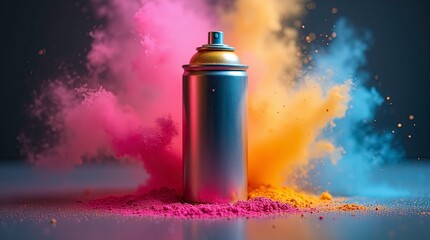 Close-up of a metallic spray paint can standing upright on a smooth surface surrounded by a dynamic explosion of colorful powder clouds.