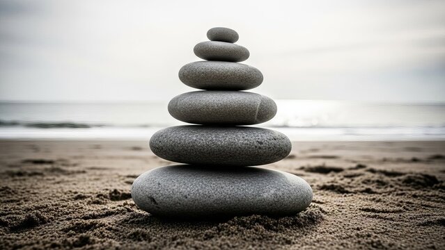 Stacked smooth grey stones in perfect balance on a sandy beach - Powered by Adobe