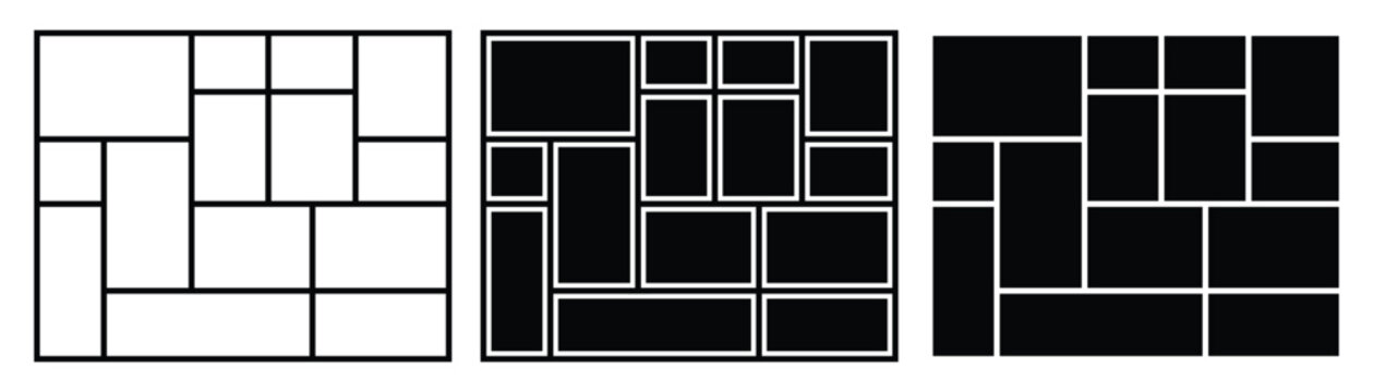 Pictures or photos frame collage comics page grid layout abstract photo frames and digital photo wall. Collage gallery photo frame in line and solid style. Empty photo frame collage. 