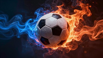 Vibrant soccer ball centered in a swirl of red and blue smoke, creating a dynamic and energetic atmosphere.