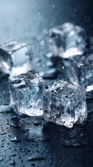 Freshly fallen ice cubes glisten on a sleek surface as droplets of water cascade around them, creating a serene and refreshing visual experience perfect for summer beverages.